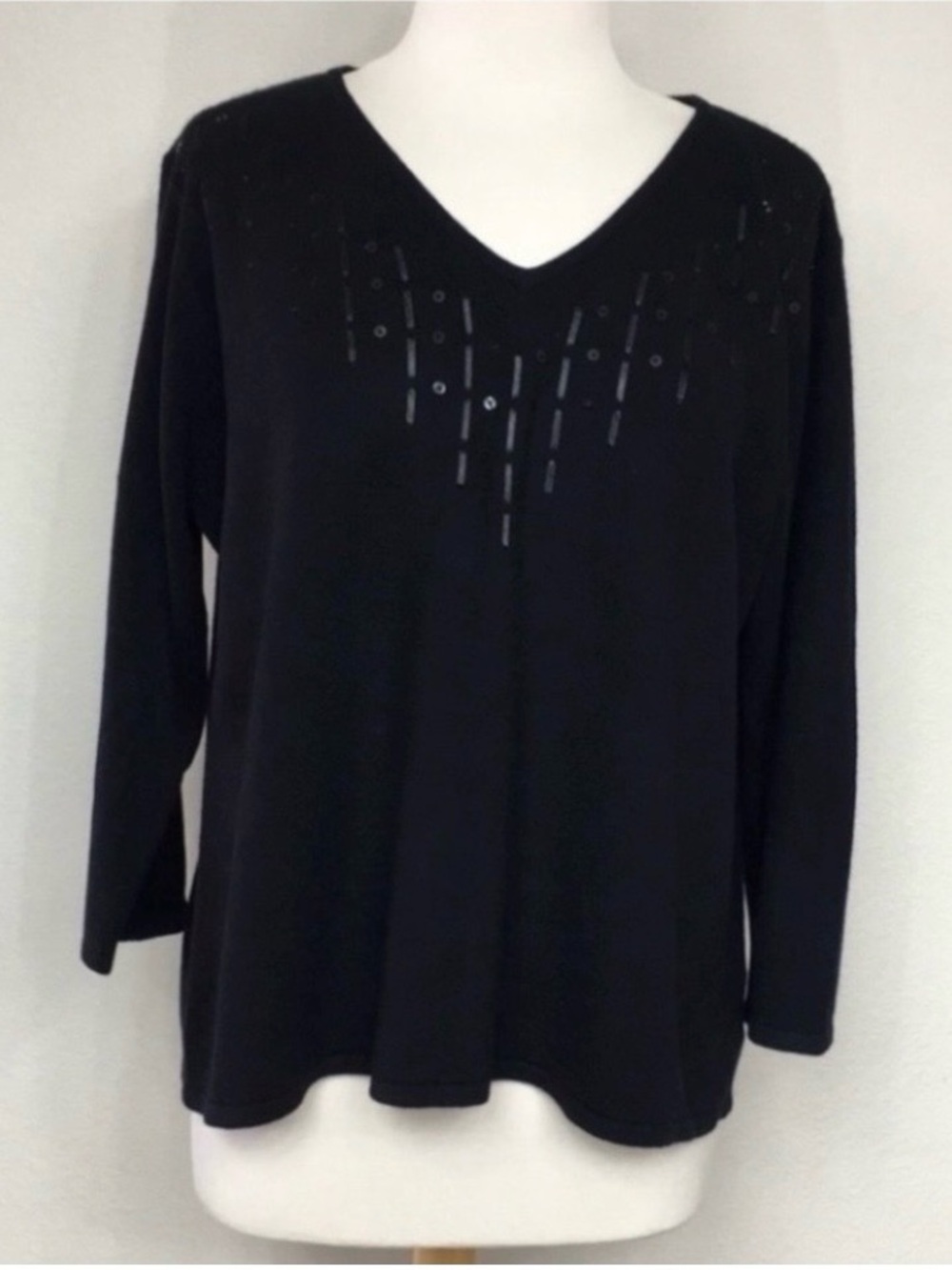 Norton McNaughton Womens Black Soft Acrylic Sequins Detail V Neck Sweater 1X
